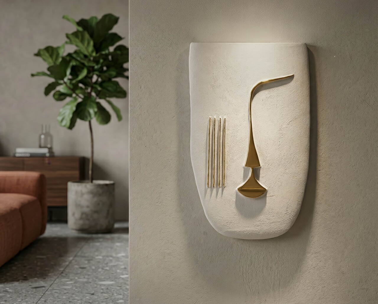 Decoratiune de perete, Mauro Ferretti, Mumbasa, 26x6.5x39.5 cm, ceramica, alb/auriu - imagine 7